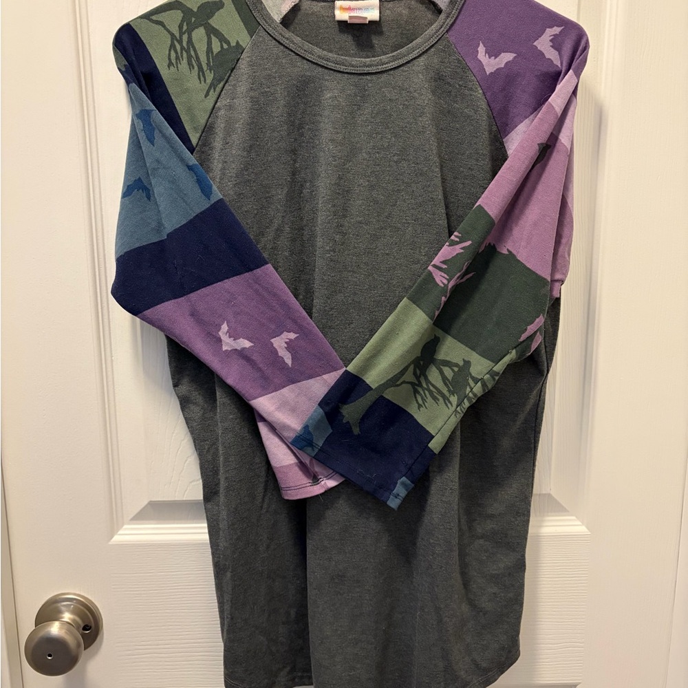 LuLaRoe Gray Long Sleeve Tee with Multicolor Sleeves